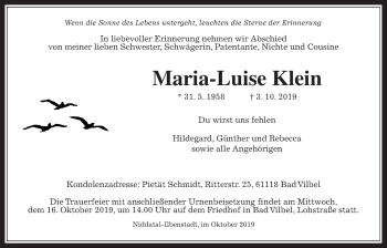 Traueranzeige von Maria-Luise Klein von Wetterauer Zeitung