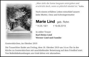 Traueranzeige von Marie Lind von Giessener Allgemeine, Alsfelder Allgemeine
