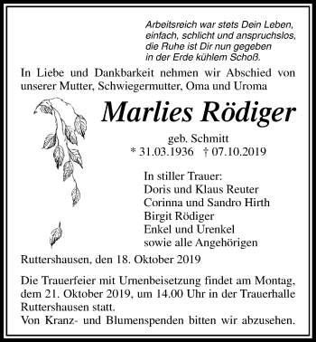 Traueranzeige von Marlies Rödiger von Giessener Allgemeine, Alsfelder Allgemeine