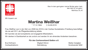 Traueranzeige von Martina Weißhar von Wetterauer Zeitung