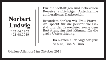 Traueranzeige von Norbert Ludwig von Wetterauer Zeitung, Giessener Allgemeine, Alsfelder Allgemeine
