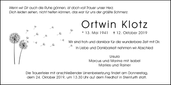 Traueranzeige von Ortwin Klotz von Wetterauer Zeitung