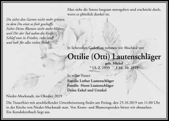 Traueranzeige von Ottilie Lautenschläger von Wetterauer Zeitung