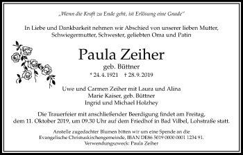 Traueranzeige von Paula Zeiher von Bad Vilbel/Karben