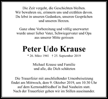 Traueranzeige von Peter Udo Krause von Wetterauer Zeitung