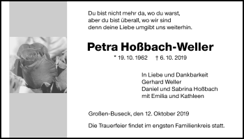 Traueranzeige von Petra Hoßbach-Weller von Giessener Allgemeine, Alsfelder Allgemeine