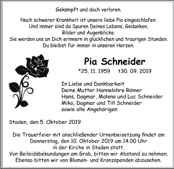 Traueranzeige von Pia Schneider von Wetterauer Zeitung