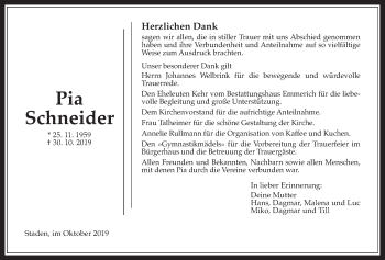 Traueranzeige von Pia Schneider von Wetterauer Zeitung