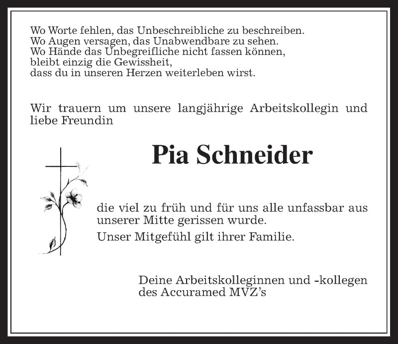  Traueranzeige für Pia Schneider vom 05.10.2019 aus Wetterauer Zeitung