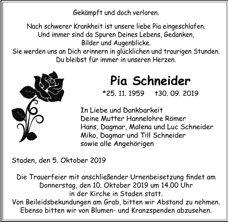  Traueranzeige für Pia Schneider vom 05.10.2019 aus Wetterauer Zeitung