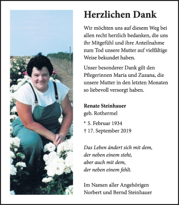 Traueranzeige von Renate Steinhauer von Wetterauer Zeitung