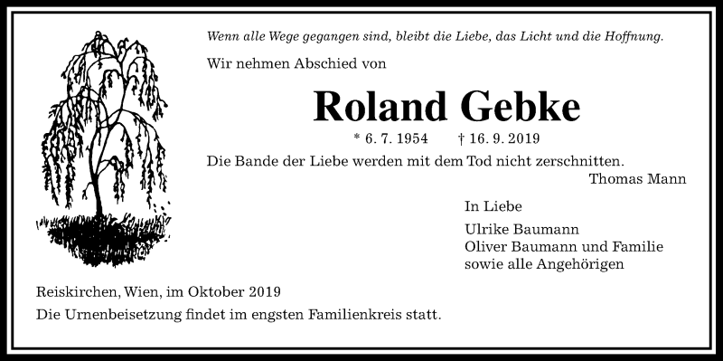  Traueranzeige für Roland Gebke vom 04.10.2019 aus Reiskirchener Anzeiger