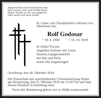 Traueranzeige von Rolf Godosar von Giessener Allgemeine, Alsfelder Allgemeine