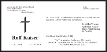 Traueranzeige von Rolf Kaiser von Wetterauer Zeitung