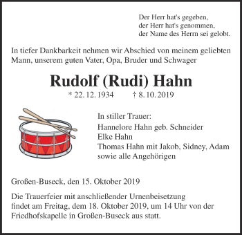Traueranzeige von Rudolf Hahn von Giessener Allgemeine, Alsfelder Allgemeine