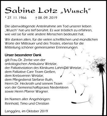 Traueranzeige von Sabine Lotz von Giessener Allgemeine, Alsfelder Allgemeine