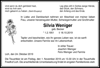 Traueranzeige von Silvia Weniger von Licher Wochenblatt