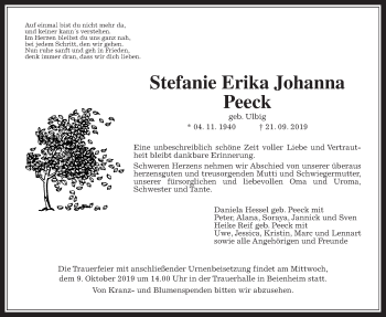 Traueranzeige von Stefanie Erika Johanna Peeck von Wetterauer Zeitung
