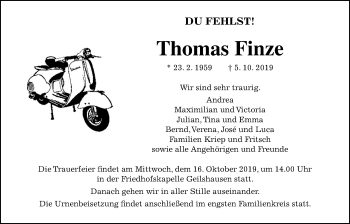 Traueranzeige von Thomas Finze von Giessener Allgemeine, Alsfelder Allgemeine