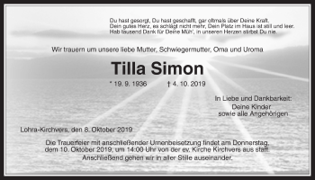Traueranzeige von Tilla Simon von Giessener Allgemeine, Alsfelder Allgemeine