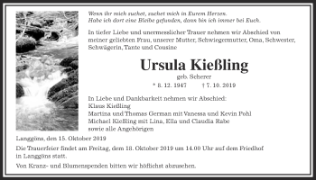 Traueranzeige von Ursula Kießling von Giessener Allgemeine, Alsfelder Allgemeine