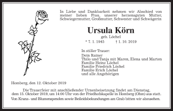 Traueranzeige von Ursula Körn von Alsfelder Allgemeine