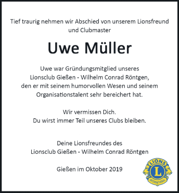 Traueranzeige von Uwe Müller von Giessener Allgemeine, Alsfelder Allgemeine