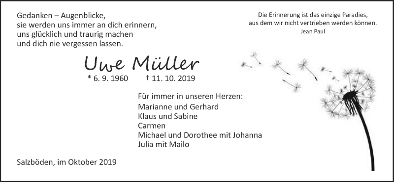  Traueranzeige für Uwe Müller vom 15.10.2019 aus Giessener Allgemeine, Alsfelder Allgemeine
