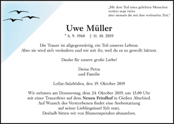 Traueranzeige von Uwe Müller von Giessener Allgemeine, Alsfelder Allgemeine