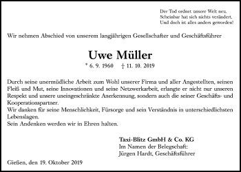 Traueranzeige von Uwe Müller von Giessener Allgemeine, Alsfelder Allgemeine