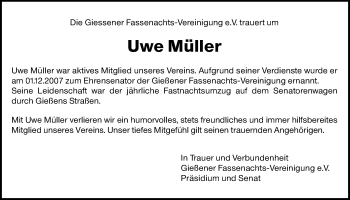 Traueranzeige von Uwe Müller von Giessener Allgemeine, Alsfelder Allgemeine