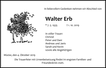 Traueranzeige von Walter Erb von Alsfelder Allgemeine
