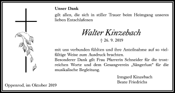 Traueranzeige von Walter Kinzebach von Giessener Allgemeine, Alsfelder Allgemeine