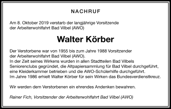Traueranzeige von Walter Körber von Bad Vilbel/Karben