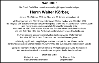 Traueranzeige von Walter Körber von Bad Vilbel/Karben
