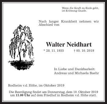 Traueranzeige von Walter Neidhart von Wetterauer Zeitung