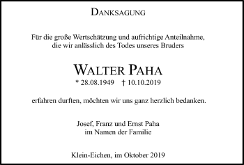 Traueranzeige von Walter Paha von Wetterauer Zeitung, Giessener Allgemeine, Alsfelder Allgemeine