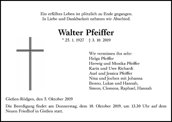 Traueranzeige von Walter Pfeiffer von Giessener Allgemeine, Alsfelder Allgemeine