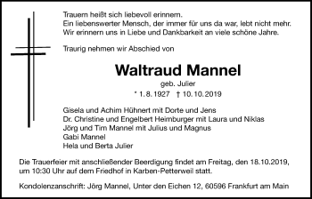 Traueranzeige von Waltraud Mannel von Bad Vilbel/Karben