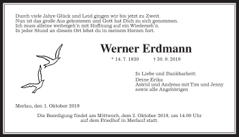 Traueranzeige von Werner Erdmann von Alsfelder Allgemeine