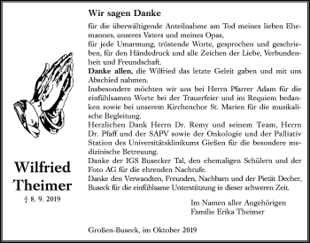 Traueranzeige von Wilfried Theimer von Giessener Allgemeine, Alsfelder Allgemeine