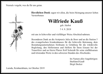 Traueranzeige von Wilfriede Kauß von Giessener Allgemeine, Alsfelder Allgemeine