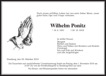 Traueranzeige von Wilhelm Ponitz von Alsfelder Allgemeine
