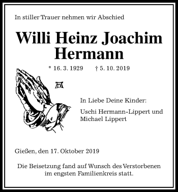 Traueranzeige von Willi Heinz Joachim Hermann von Giessener Allgemeine, Alsfelder Allgemeine