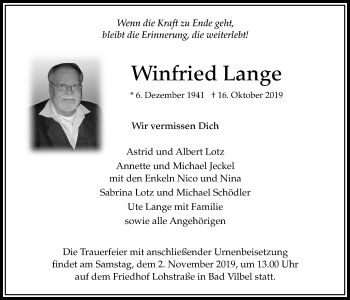 Traueranzeige von Winfried Lange von Bad Vilbel/Karben