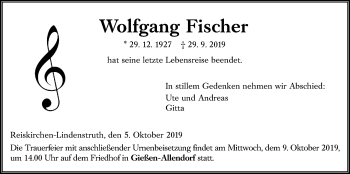 Traueranzeige von Wolfgang Fischer von Giessener Allgemeine, Alsfelder Allgemeine