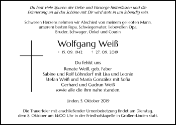 Traueranzeige von Wolfgang Weiß von Giessener Allgemeine, Alsfelder Allgemeine