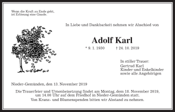 Traueranzeige von Adolf Karl von Alsfelder Allgemeine