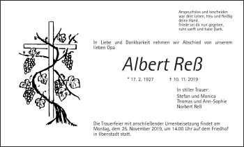 Traueranzeige von Albert Reß von Wetterauer Zeitung