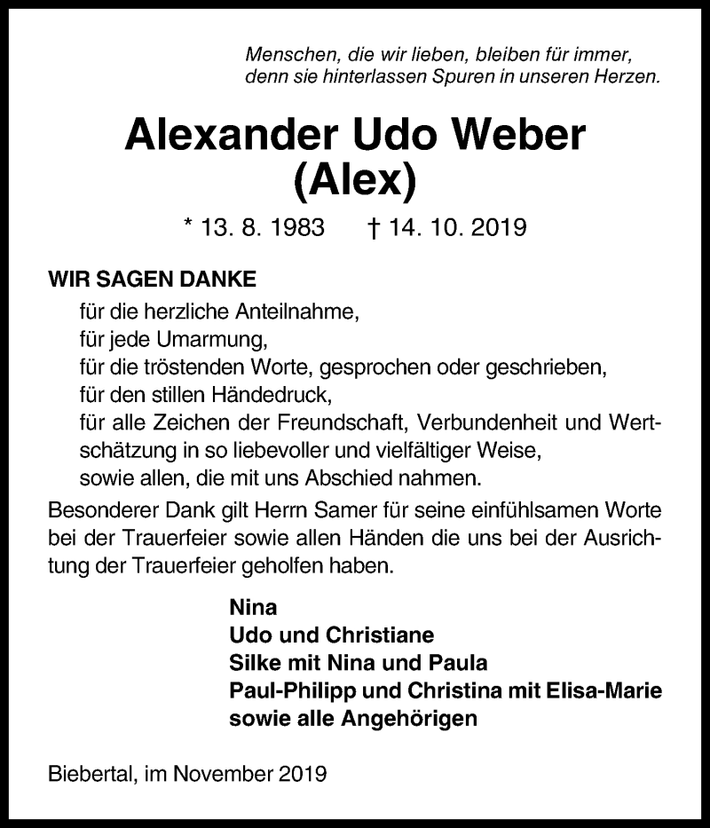  Traueranzeige für Alexander Udo Weber vom 16.11.2019 aus Giessener Allgemeine, Alsfelder Allgemeine